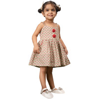 VASTRAMAY Girls' Cotton Sleeveless Flared Dress with Crochet Flower Buttons & Inseam Pocket Mint Green