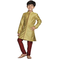 VASTRAMAY Boys' Mustard Yellow And Maroon Kurta Pyjama Set | Banarasi Silk Jacquard Kurta With Pyjama for Navratri, Diwali & Festive Celebrations - Stylish and Comfortable Indian Outfit for Kids