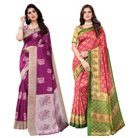 Yashika Women's Combo Art Silk Printed Saree With Blouse Piece Pack Of 2(KESAR WINE-ALIFA PINK)
