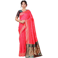 Yashika Women's Chandrakor Paithani Saree in Golden Zari Border, Saree with Crescent Moon Motifs and Peacock Design, Includes Unstitched Blouse Material (AZ-YS-P1-CHANDRA RED)