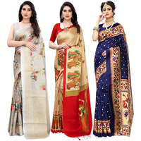Yashika Women's Combo Art Silk Saree With Blouse Piece - Pack Of 3(PUDINA GREY-RAJARANI CHICKU-MATWALI NAVY)