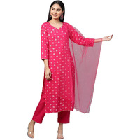 ANNI DESIGNER Women's Cotton Straight Kurta with Pant & Dupatta (SASI Pink_M_Pink_Medium)
