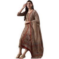 ANNI DESIGNER Women's Cotton Blend Straight Printed Kurta with Pant & Dupatta (Kalpa Beige_S_Beige_Small)