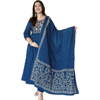 ANNI DESIGNER Women's Rayon Viscose Embroidered Anarkali Kurta with Pant & Dupatta (Kanota Kerosin-VKS05_XXL_Dark Blue_XX-Large)