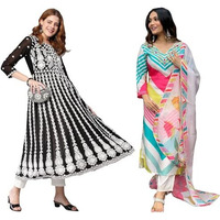 ANNI DESIGNER Women's Cotton Blend Embroidered Straight Kurti Pant Dupatta Set Combo Pack of 2 (Dhimi Pink & Kari Black_2106_Multicolor_XX-Large)