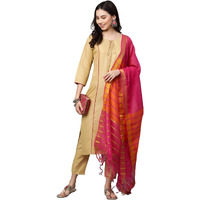 ANNI DESIGNER Women's Cotton Blend Straight Printed Kurta with Pant & Dupatta (Carnival Beige_S_Beige_Small)
