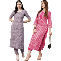 ANNI DESIGNER Women's Cotton Blend Printed Straight Kurta with Pant Pack of 2 (CMB-BATAKLI-Purple-Puram Pink_XXL_Multi_XX-Large)