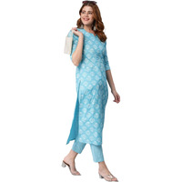 ANNI DESIGNER Women's Cotton Blend Printed Straight Kurta with Pant (Sarva-Stone Blue_L_Dark Blue_Large)