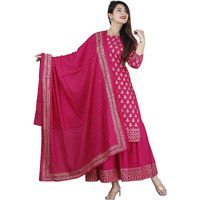ANNI DESIGNER Women's Rayon Foil Printed Straight Kurta with Palazzos & Dupatta (AMISHA RED_L_Pink_Large)
