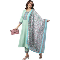ANNI DESIGNER Women's Cotton Blend Straight Printed Kurta with Pant & Dupatta (Jam001-Green_XXL_Dark Blue_XX-Large)