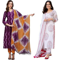 ANNI DESIGNER Women's Cotton Blend Printed Straight Kurta with Pant & Dupatta Pack of 2 (Combo-Mukhi Pink-Cup-Off White_S_Multi_Small)