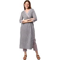 ANNI DESIGNER Women's Cotton Blend Printed Straight Kurta with Pant (Jinki-White & Grey_M_Dark Blue_Medium)