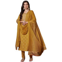 ANNI DESIGNER Women's Rayon Blend Printed Straight Kurta with Pant & Dupatta (Toxic Mustard_M_Mustard_Medium)