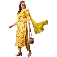 ANNI DESIGNER Women's Cotton Blend Printed Straight Kurta and Pant with Dupatta (KALEPING-Yellow-NW_XXL_Yellow_XX-Large)