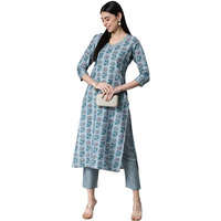 ANNI DESIGNER Women's Cotton Blend Printed Straight Kurta with Pant (Jinki-Grey_L_Dark Blue_Large)