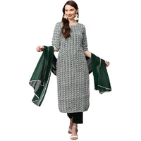ANNI DESIGNER Women's Cotton Blend Printed Straight Kurta with Pant & Dupatta (KARAGA-Green_M_Green_Medium)