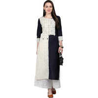 ANNI DESIGNER Women's Black & White Color Rayon Fancy Long Thread & Button Work Kurti(KUR190074-XXL_Black & White)