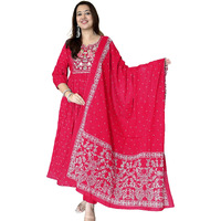 ANNI DESIGNER Women's Rayon Viscose Embroidered Anarkali Kurta with Pant & Dupatta (Kanota Pink-VKS05_M_Pink_Medium)