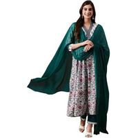 ANNI DESIGNER Women's Cotton Blend Anarkali Printed Kurta with Pant & Dupatta (TOKI White_XL_White_X-Large)