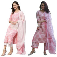 ANNI DESIGNER Women's Cotton Blend Printed Straight Kurta with Pant & Dupatta Pack of 2 (Combo-Prem CHHAPA-Pink_Multicolor_Small)