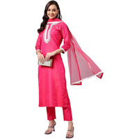 ANNI DESIGNER Women's Cotton Blend Straight Embroidered Kurta with Pant & Dupatta (Jagtara Pink_XL_Pink_X-Large)