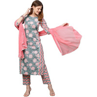ANNI DESIGNER Women's Cotton Blend Printed Straight Kurta with Pant & Dupatta (Rinki) (Medium) Grey