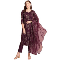 ANNI DESIGNER Women's Rayon Blend Printed Straight Kurta with Pant & Dupatta (Amrita Wine_S_Wine_Small)
