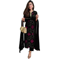ANNI DESIGNER Women's Rayon Blend Straight Bandhej Printed Kurta with Pant & Dupatta (Turae Black-VKS01_XL_Black_X-Large)