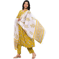 KLOSIA Women Straight Block Printed Kurta and Pant Set with Dupatta | Ethnic Set | Dupatta Set | Suit Set | Kurta Set | Wedding Suit | (Large) Yellow