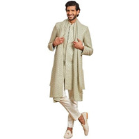 VASTRAMAY Men's Pista Green Rayon Indo Western,Pyjama And Dupatta Set - This men's embroidered Indo-Western, pant, and dupatta set is a perfect fusion of tradition and modern elegance.