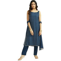 VASTRAMAY Women's Turquoise Kurta Set, Silk Blend Foil Printed Kurta Pyjama And Dupatta Set For Women. Indian Suit Set for Festive Occasions, Weddings & Parties
