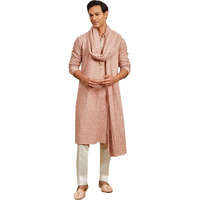 VASTRAMAY Men's Peach Rayon Kurta, Pyjama And Dupatta Set. - This men's kurta, pant, and dupatta set exudes elegance with its intricate design and sophisticated color palette.