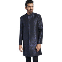 VASTRAMAY Men's Navy Blue Silk Blend Sherwani Only Top - Silk Blend Jacquard Indo Western