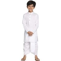 VASTRAMAY Boys' White Kurta and Dhoti Set | Classic Cotton Solid Kurta With Pleated Dhoti Pant | Perfect Ethnic Wear for South Indian Festivals