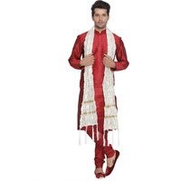 VASTRAMAY Men Maroon Cotton Silk Kurta Pyjama and Dupatta Set (VASMKMA001nPMAnD5WH_46)