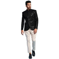 VASTRAMAY Men's Black & Cream - Jodhpuri,Pyjama Set - Velvet Sequined Embroidered Jodhpuri And Pyjama Set