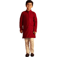 VASTRAMAY Boys Maroon And White Kurta Pyjama Set | This luxury traditional Embroidery Work kurta pajama set for Navratri, Diwali & Festive Celebrations - Stylish and Comfortable Indian Outfit for Kids