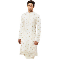 VASTRAMAY Men's White Tissue Silk Kurta with Golden Embroidery - Perfect for Weddings and Festivals