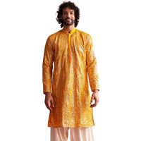 VASTRAMAY Shrestha Men's Yellow Georgette Kurta