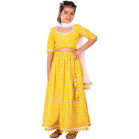 VASTRAMAY Girls' Cotton Yellow Lehenga Set | Cotton Leheriya Printed Lehenga Set With Dupatta.
