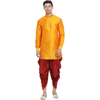 VASTRAMAY Men's Orange Cotton Silk Blend Kurta and Dhoti Pant Set - (VASMUK001ORnCDRG) for Size - 36