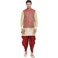 VASTRAMAY Men's Gold Cotton Silk Blend Ethnic Jacket, Kurta and Dhoti Pant Set_VASMJ005MAnMUK001GOnCDMA_38