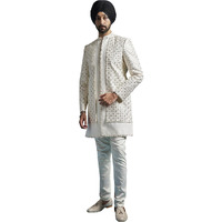 VASTRAMAY Men's Cream Silk Blend Sherwani Set - Silk Blend Embroidered Sequiend Indo Western,And Pant Set