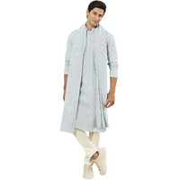 VASTRAMAY Men's Aqua Rayon Kurta Pyjama And Dupatta Set - Rayon Schiffily Embroidery Kurta Pyjama And Dupatta Set For Men.
