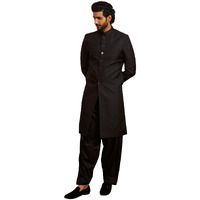 VASTRAMAY Men's Black Silk Blend Sherwani And Patiala Set - Silk Blend Jacquard Sherwani,And Patiala Set for Men.