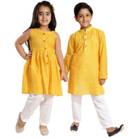 VASTRAMAY Boys' Yellow and White Pure Cotton Kurta Pyjama Set & Girls' Handloom Cotton Kurta And Straight Pant Set[Boy's (9-10 Years) / Girl's (4-5 Years)]