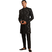 VASTRAMAY Men's Black Viscose Sherwani Set | Mirror work Embellished Viscose Indo Western And Pant Style Pyjama For Men.