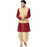 VASTRAMAY Men's Maroon And Gold Silk Blend Jacket, Kurta and Dhoti Set_VASMJ009GOnKMA001nDTGO_38