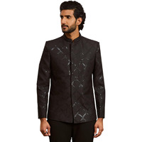 VASTRAMAY Men's Black Silk Blend Jodhpuri - This men's ensemble features a sophisticated Jodhpuri jacket.