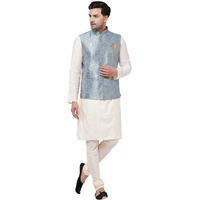 VASTRAMAY Men's Cream And Grey Cotton Blend Jacket, Kurta and Pyjama Set_VASMJ024GYnK091CRnVPCR_40